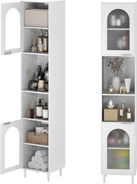 Mobiletto da Bagno, Armadio Alto in Legno con 2 Ante in Vetro Scanalato e Ripiani Regolabile, 35 x 30 x 180 cm, Mobile Salvaspazio per Cucina e Soggiorno