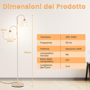 Lampada da Terra, Lampada Piantana da Terra Rotante a 350° con Interruttore a Pedale, Paralumi Intrecciati e 2 Supporti per Bulbi E27, Base Pesante e Stelo Metallico