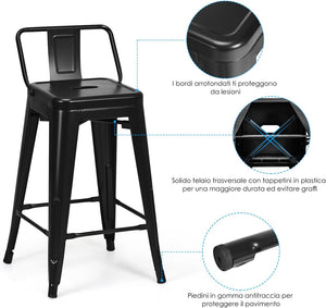 Set di 4 Sgabelli da Bar da 62 cm, Impilabile Sedie da Cucina Alto, in Metallo, con Schienale Rimovibile, Poggiapiedi, Design Industriale (Nero)