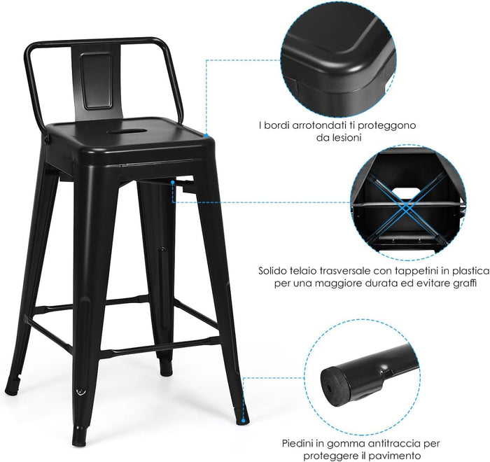 Set di 4 Sgabelli da Bar da 62 cm, Impilabile Sedie da Cucina Alto, in Metallo, con Schienale Rimovibile, Poggiapiedi, Design Industriale (Nero)