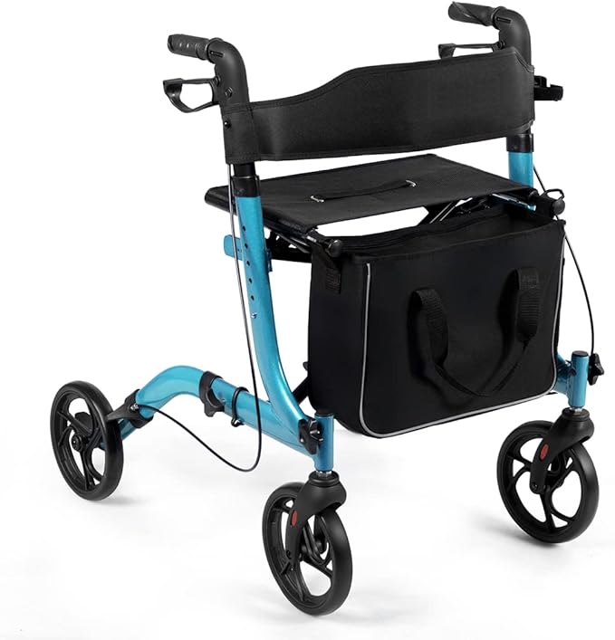 Deambulatore Pieghevole per Anziani Ultraleggero, con Sedile Borsa da Spesa e 4 Ruote Freno a Mano, Rollator Altezza Regolabile, Capacità 136kg, Lega di Alluminio, Nero (Blu)