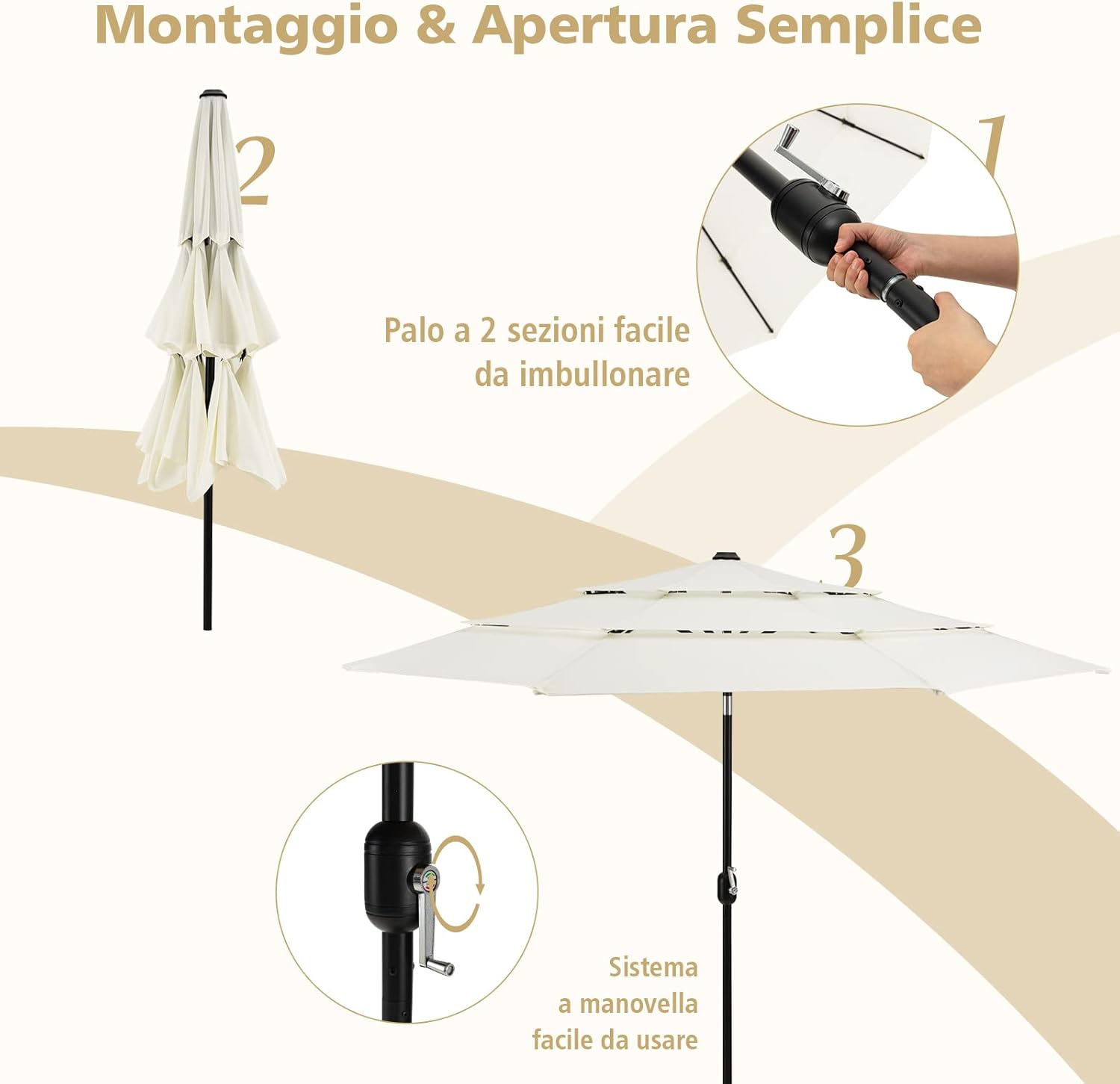Ombrellone da Giardino 293 cm a 3 Livelli, Ombrellone da Esterno con Doppia Ventilazione, Inclinazione Regolabile, con Manovella 8 Stecche, Ombrellone da Spiaggia Giardino Piscina (Beige)