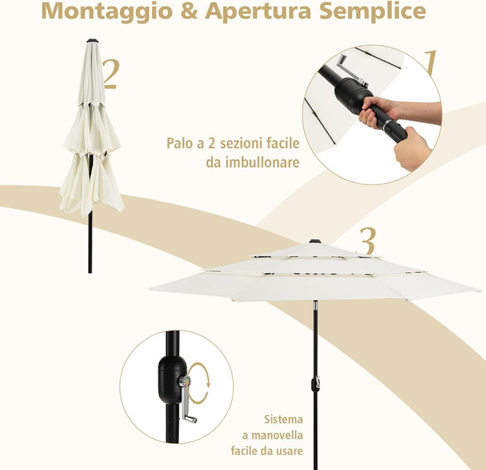 Ombrellone da Giardino 293 cm a 3 Livelli, Ombrellone da Esterno con Doppia Ventilazione, Inclinazione Regolabile, con Manovella 8 Stecche, Ombrellone da Spiaggia Giardino Piscina (Beige)
