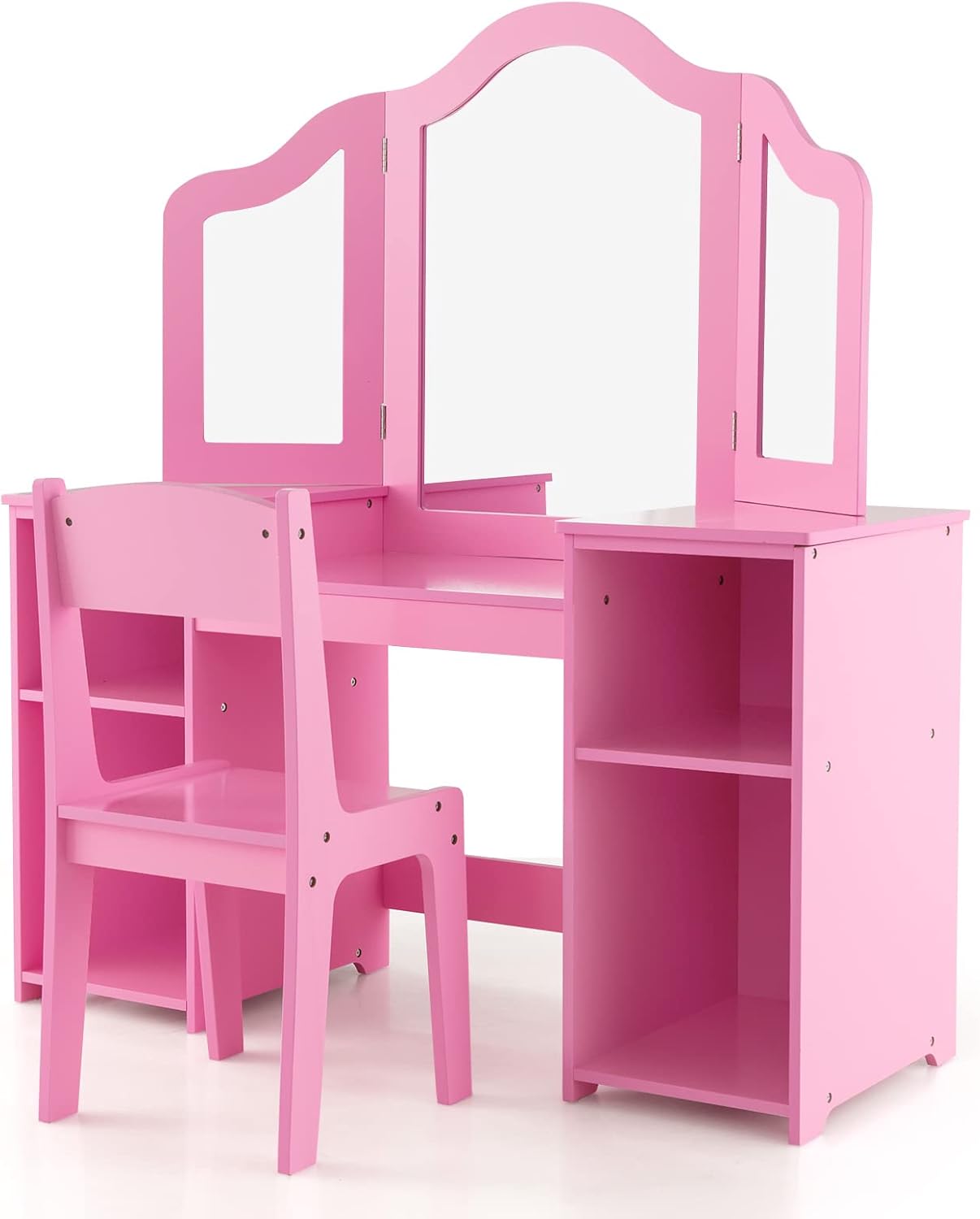 Set Toeletta per Bambini 2 in 1, Set Postazione Trucco in Legno con Sedia, Specchio a 3 Ante Rimovibile e 4 Scomparti, per Bambini 3+ Anni (Rosa)