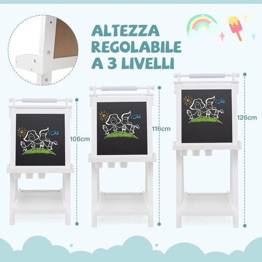 Lavagna per Bambini 3 in 1, Lavagna Magnetica con Lavagna Bifacciale, Rotolo di Carta, Vassoi Portaoggetti e 3 Bicchieri per Pittura, Cavalletto in Legno per Bambini 3+ Anni (Bianco)