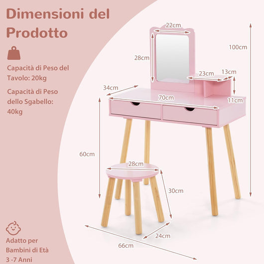 2 in 1 Set Toeletta per Bambini, Postazione Trucco in Legno con Sgabello, Specchio Rettangolare Staccabile e 2 Cassetti Capienti, Ideale per Bambini dai 3 ai 7 Anni, 70 x 37 x 100 cm