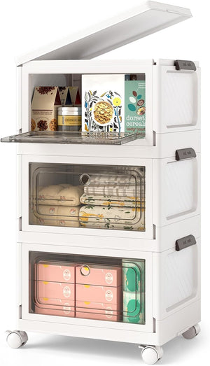 Set da 3 Contenitori Impilabili, Scatole Pieghevoli da 75/105 L con Ruote Bloccabili Porta e Coperchio, Organizzatori per Armadio, Multiuso per Casa Dormitorio (41 x 31,5 x 72,5 cm)