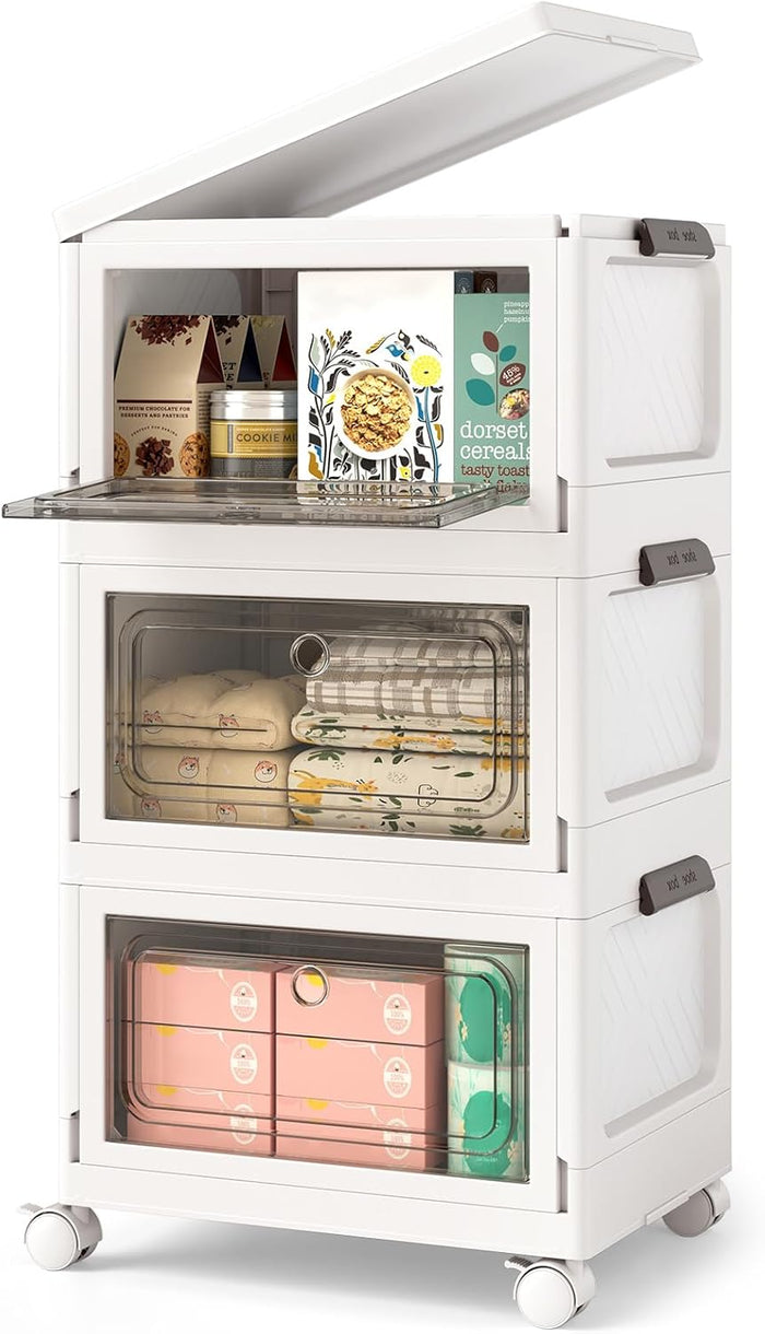 Set da 3 Contenitori Impilabili, Scatole Pieghevoli da 75/105 L con Ruote Bloccabili Porta e Coperchio, Organizzatori per Armadio, Multiuso per Casa Dormitorio (41 x 31,5 x 72,5 cm)