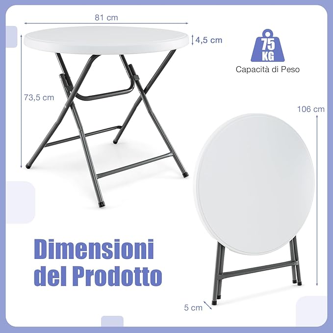 Tavolo Rotondo Pieghevole 81 cm, Tavolo da Campeggio in HDPE, Gambe in Metallo e Piedini Antiscivolo, per Esterno e Interno Picnic Campeggio, Portata 75 kg