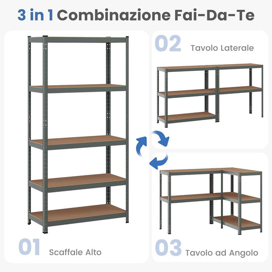 Scaffale con 5 Livelli, Scaffale per Garage Resistente con Altezza Mensole Regolabile, Capacità di Peso Totale 875 kg, Senza Bulloni, Uso Versatile 90x40x180cm (Grigio)