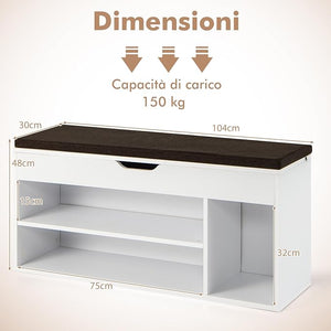Scarpiera Panca con Cuscino, Scarpiera da Ingresso Salvaspazio, Panca Contenitore per Ingresso Corridoio, 104x30x48 cm, Carico 150 kg (Bianco)