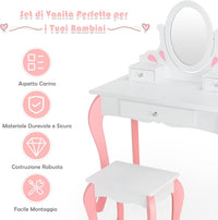 Toeletta Trucco 2 in 1 per Bambina, Specchiera Staccabile per Ragazza in Legno con Sgabello, Portapenni, Cassetto e Specchio Girevole a 360°, Postazione Trucco, 70 x 34 x 105cm (Bianco)