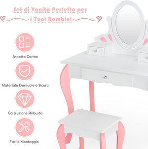 Toeletta Trucco 2 in 1 per Bambina, Specchiera Staccabile per Ragazza in Legno con Sgabello, Portapenni, Cassetto e Specchio Girevole a 360°, Postazione Trucco, 70 x 34 x 105cm (Bianco)