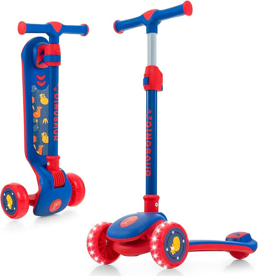 Monopattino a 3 Ruote per Bambini Pieghevole con Piano Largo, Ruote LED Luminose in PU, Freno Posteriore ed Inclinazione per Sterzare e Manubrio Regolabile, per Bambini 37-60 Mesi