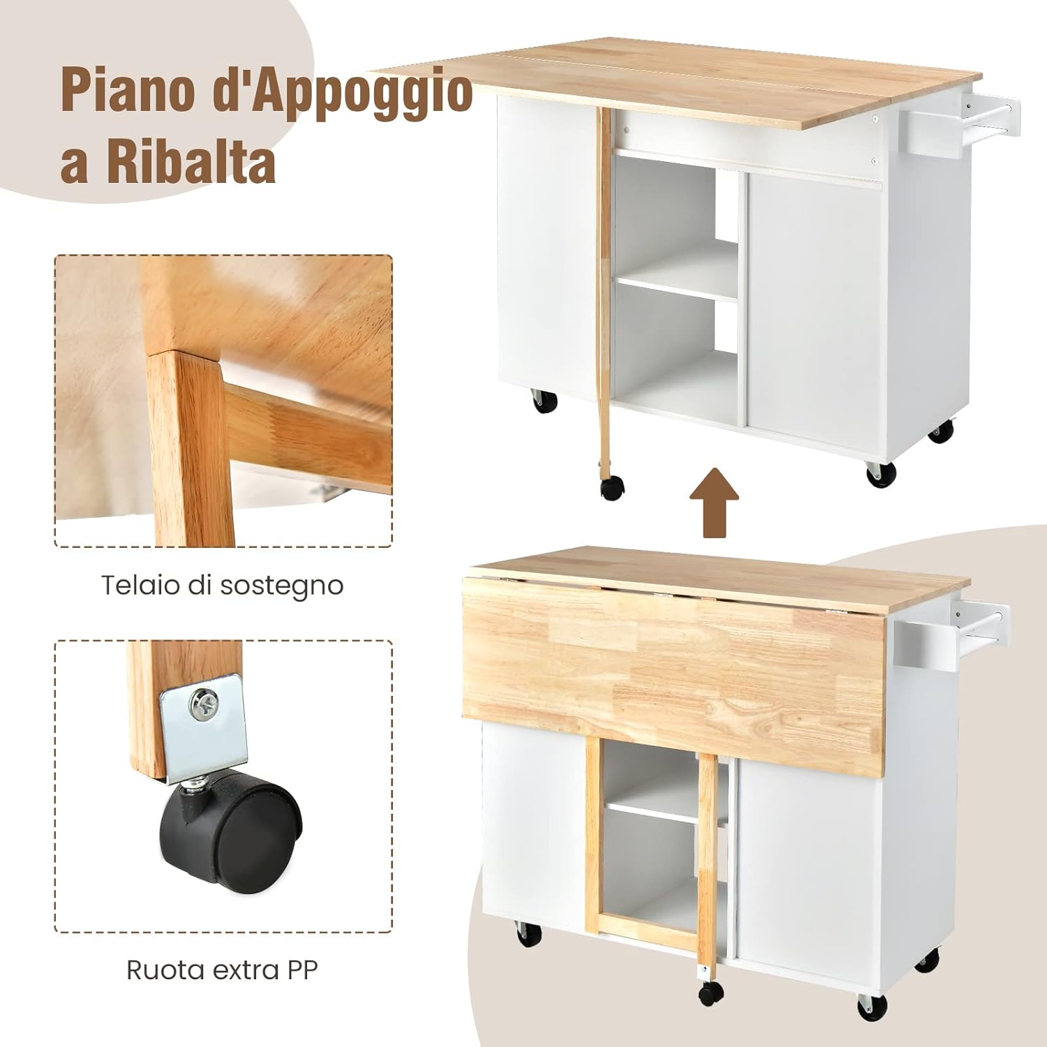 Carrello da Cucina con Cassetto, Carrello Servizio con Ripiano Aperto e Pieghevole, Carrello Multiuso con Ruote e Portasciugamani, 124x76x92 cm (Bianco)