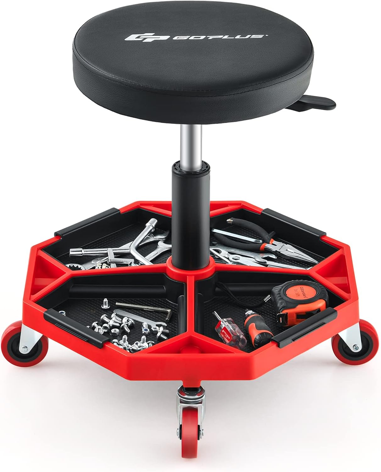 Sgabello da Officina con Ruote, con Ripiano per Attrezzi e Viti, Portata di 150 kg, Altezza Regolabile e Girevole, Sedia Meccanico per Garage, Officina