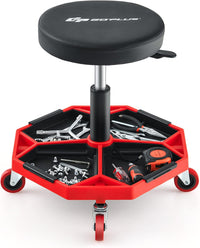 Sgabello da Officina con Ruote, con Ripiano per Attrezzi e Viti, Portata di 150 kg, Altezza Regolabile e Girevole, Sedia Meccanico per Garage, Officina