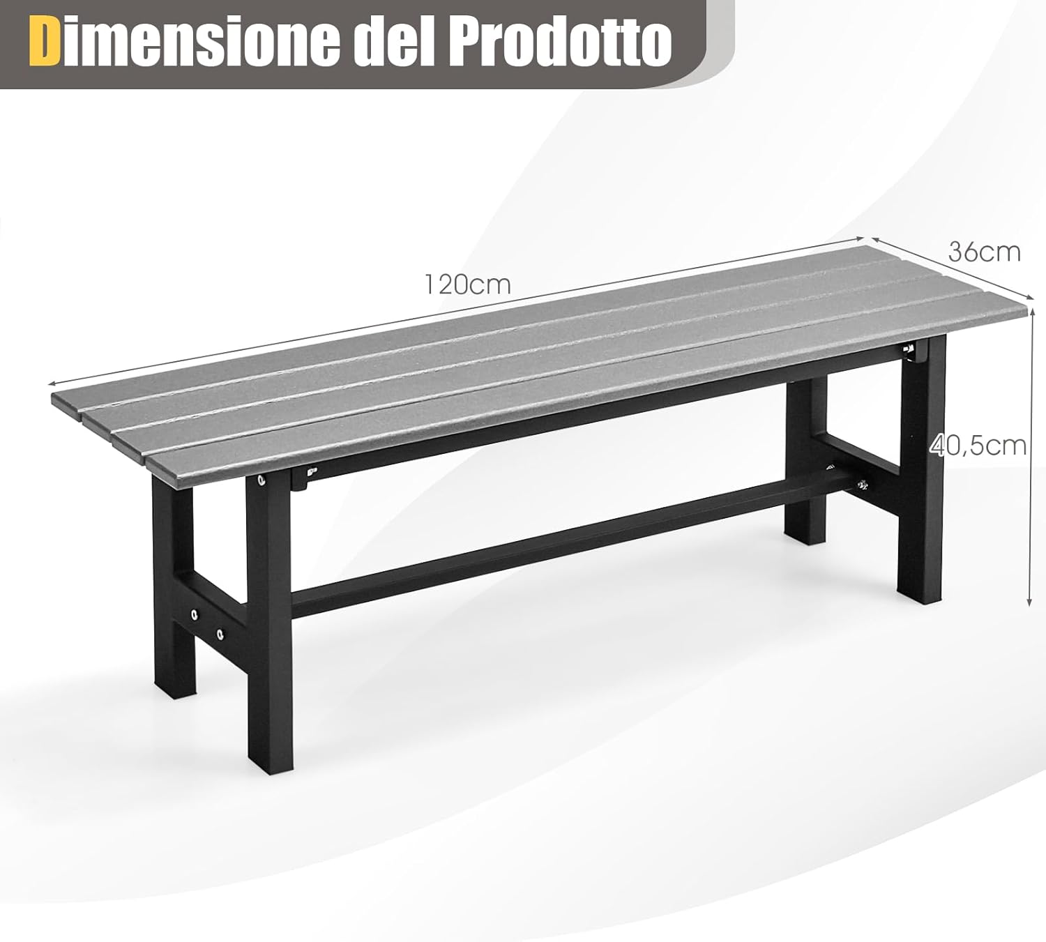 Panchina da Esterno con Sedile HDPE, Panca da Giardino con Telaio in Metallo Verniciato a Polvere, Panchina da Giardino, Parco e Balcone, Portata 300 kg, 120 x 36 x 40,5 cm (Grigio)