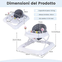 Girello per Bambini, Girello Pieghevole con Ruote, Altezza Regolabile su 3 Livelli, Cuscino del Sedile Rimovibile, per Bambini 6-36 Mesi (Grigio)