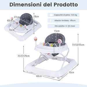 Girello per Bambini, Girello Pieghevole con Ruote, Altezza Regolabile su 3 Livelli, Cuscino del Sedile Rimovibile, per Bambini 6-36 Mesi (Grigio)