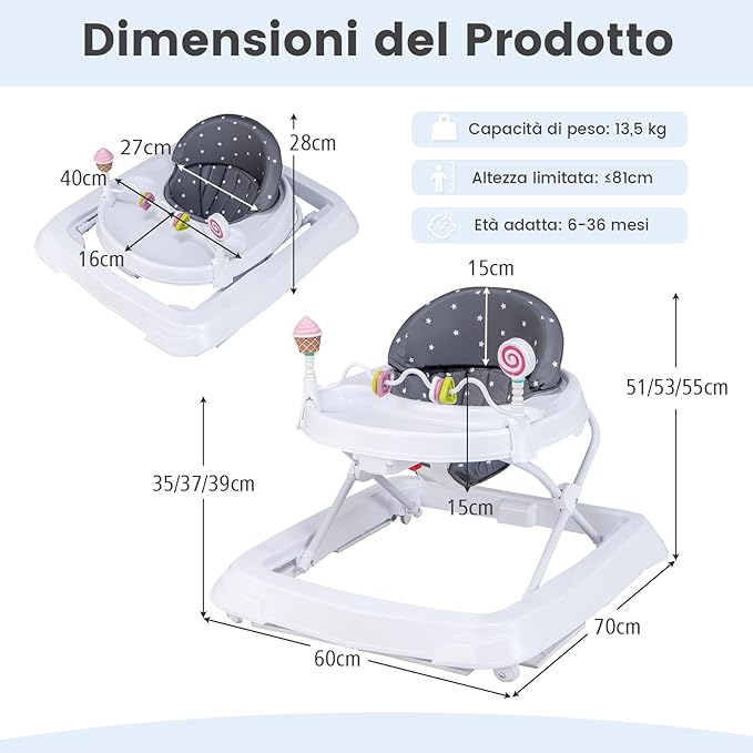 Girello per Bambini, Girello Pieghevole con Ruote, Altezza Regolabile su 3 Livelli, Cuscino del Sedile Rimovibile, per Bambini 6-36 Mesi (Grigio)