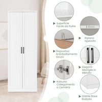 Armadio Alto di Stoccaggio a Pavimento con 2 Ante, Mobile Multiuso con Ripiani Regolabili, Armadietto di Stoccaggio in Legno Capacità di Carico di 90 kg, 59 x 43,5 x 178 cm (Bianco)