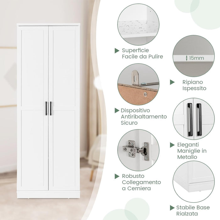 Armadio Alto di Stoccaggio a Pavimento con 2 Ante, Mobile Multiuso con Ripiani Regolabili, Armadietto di Stoccaggio in Legno Capacità di Carico di 90 kg, 59 x 43,5 x 178 cm (Bianco)