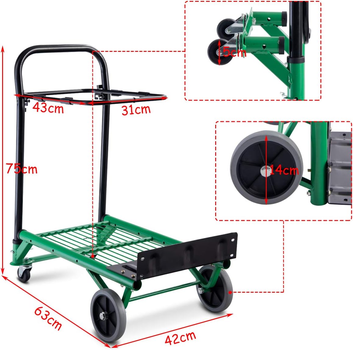 Carrello Per Trasporto Pieghevole, 2 in 1, Portapacchi Carrello per Trasporto di Sacchi in Acciaio, Altezza Regolabile, Capacità di Carico Fino a 90 kg