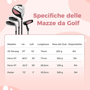 Set di Mazze da Golf per Bambini 5-7 Anni, Set Allenamento Golf con Sacca, Fodera Impermeabile, Legno di Fairway 3, Ferro 7, Ferro S e Putter per Bambini e Bambine, Destrorso