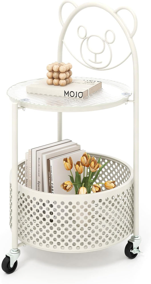 Tavolino da Caffè in Vetro, Tavolino Laterale a 2 Piani con Ruote, Motivo ad Orso, Cestino e Struttura in Metallo, Tavolino per Soggiorno, Camera da Letto e Studio (Bianco)