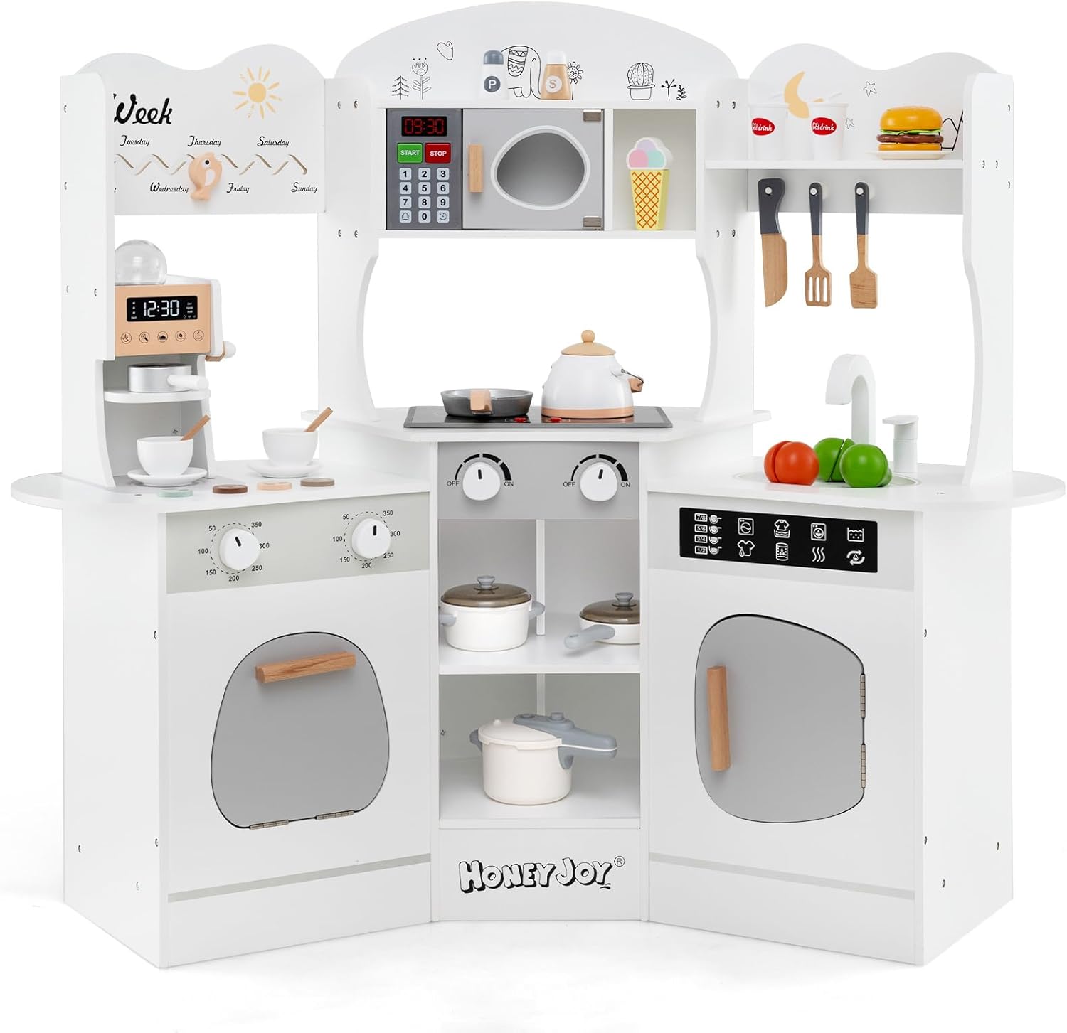 Cucina Giocattolo Angolare con Fornelli e Micronde da Suoni e Luci, Cucina per Bambini in Legno con Macchina Caffè, Lavandelo, Forno e Lavatrice, Set Cucina con Accessori (Bianco)