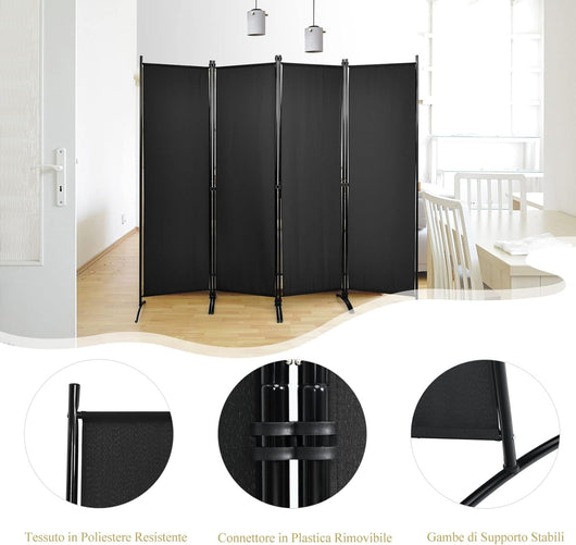Paravento da Interno in Metallo, Separé Divisorio Interno Pieghevole con Piedini Stabili, Pannelli Divisori per Interni per Casa e Ufficio (Nero, 220 x 173 cm (4 Pannelli))
