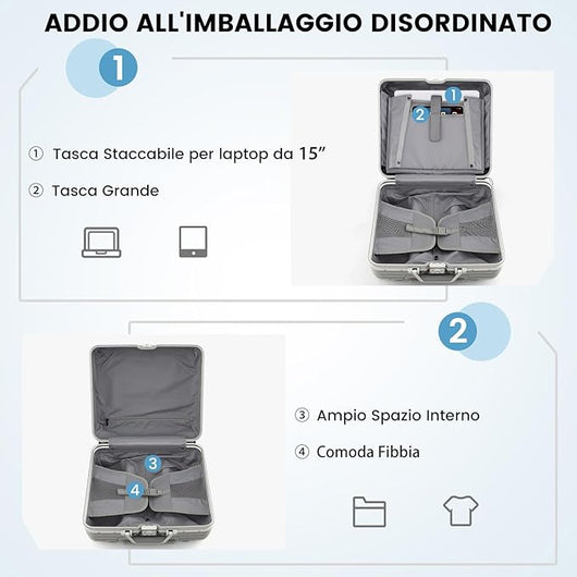 Bagaglio a Mano da 16", Valigia Rigida in PC con Ruote Girevoli, Scomparto per Laptop, Trolley Business da Viaggio Leggero e Compatto con Lucchetto TSA, Argento, 43 x 24 x 44 cm