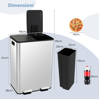 Pattumiera per Differenziata 2 Scomparti, Secchi Spazzatura Differenziata 2 x 30 L, Bidone con Coperchi a Chiusura Morbida, Acciaio Inox Anti-Impronte (Argento)