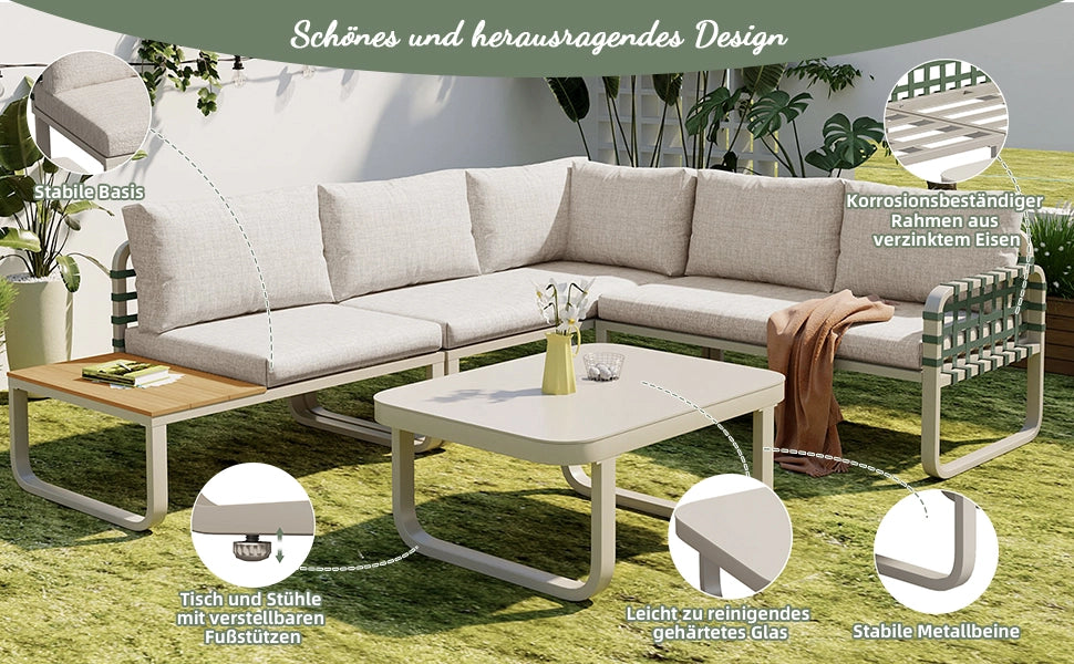 Set salotto giardino 4-5 persone: rattan; Divanooo esterno; cuscini seduta/schienale; crema albicocca