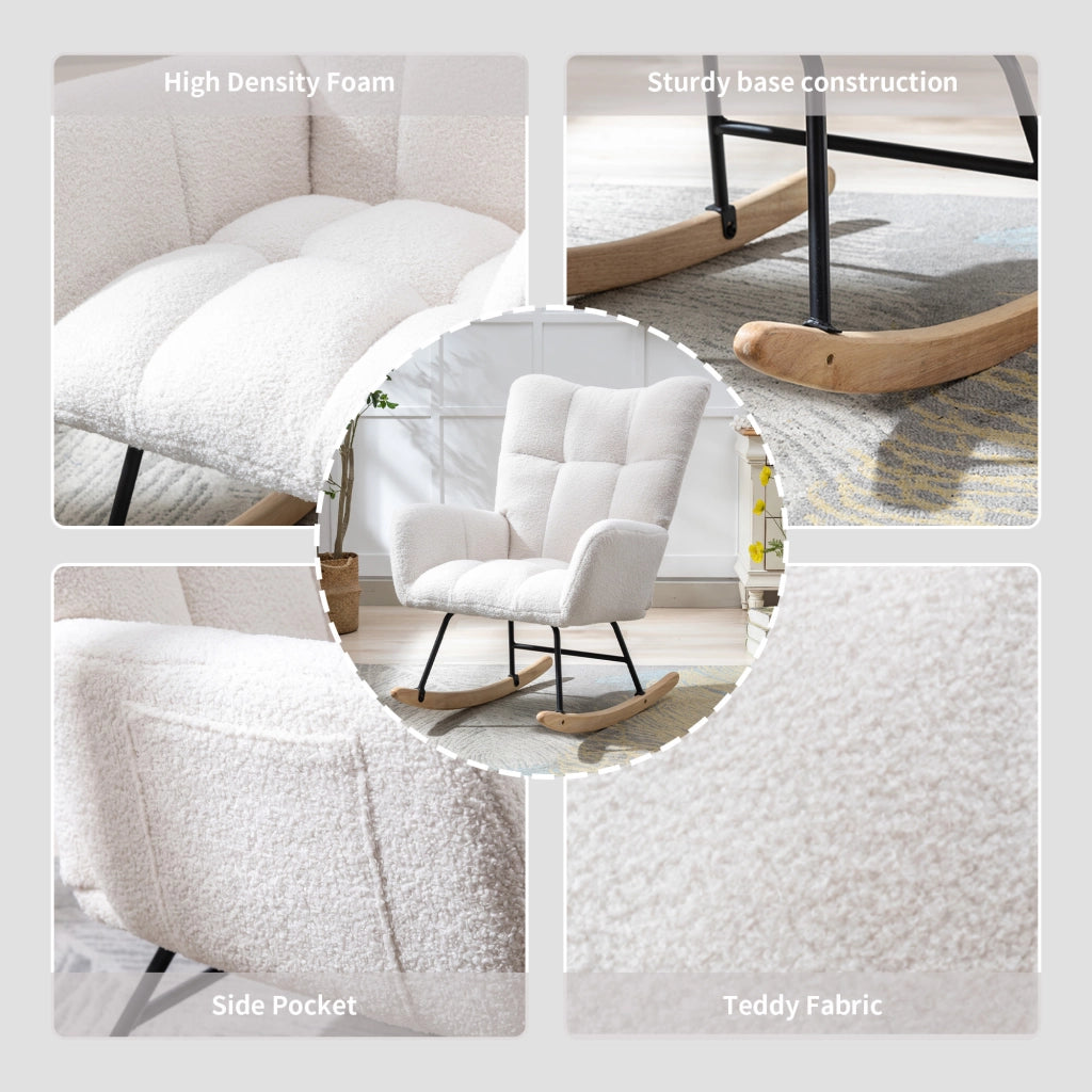 Poltrona a dondolo in tessuto teddy con schienale ergonomico e base in legno, per soggiorno e cameretta, bianco