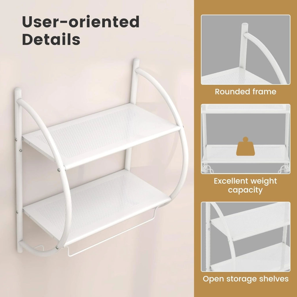 Porta Asciugamani Bagno da Parete, Mensola Bagno Doccia, Montaggio a Parete, con 2 Ripiani e 2 Portasciugamani, per Asciugamani, Antiruggine，45x25,5x55 cm (Bianco)