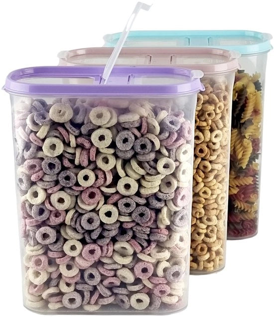 Set di contenitori per cereali - 3 pezzi - Contenitori per snack - Contenitori per conservazione - Contenitori per shaker - 2 coperchi scorrevoli - 2,8L - Ingrandibile - Resistenti al lavastoviglie