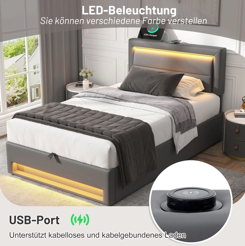 Letto imbottito con LED, ricarica USB e vano contenitore 90 x 190 cm grigio