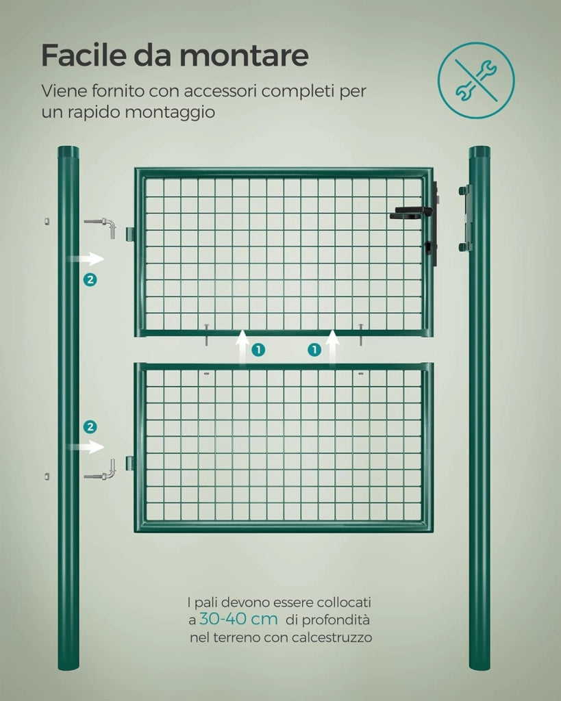 SONGMICS Cancello da Giardino, Cancelletto da Giardino, Acciaio Zincato con Serratura, Porta di 106 x 100 cm (L x H), Tubo Tondo, Cancello per Recinzione, Verde GGD150G01