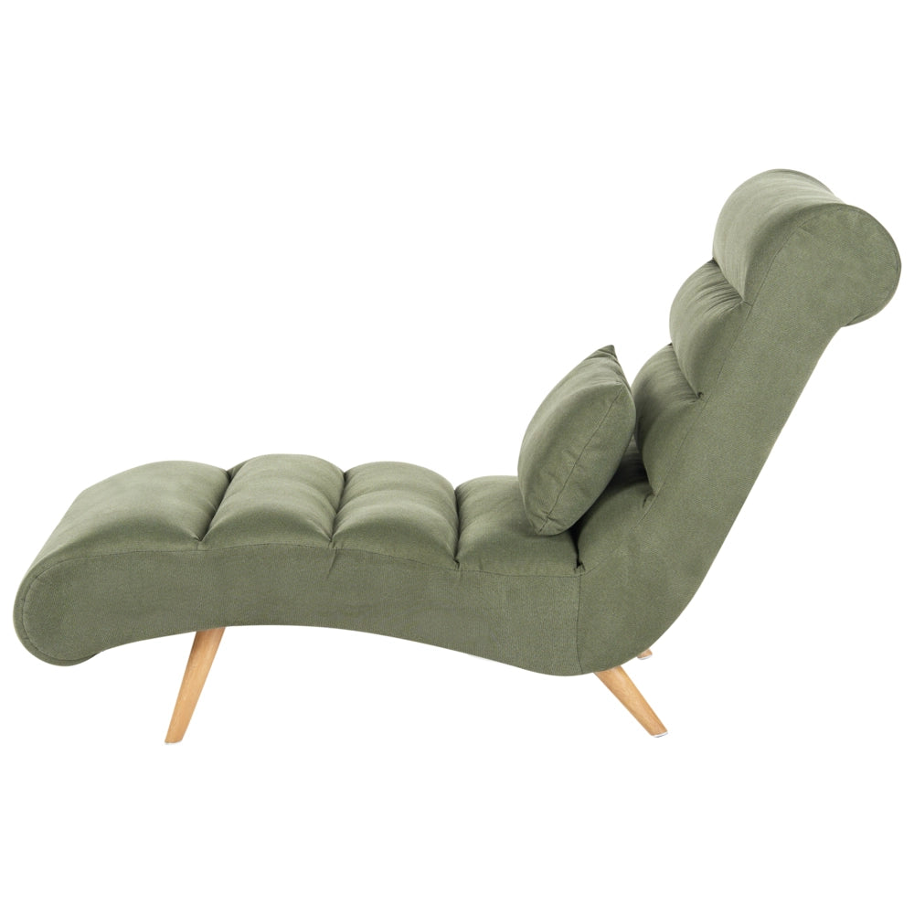 Chaise longue in tessuto verde per soggiorno, per il relax, con gambe effetto legno, stile scandinavo moderno