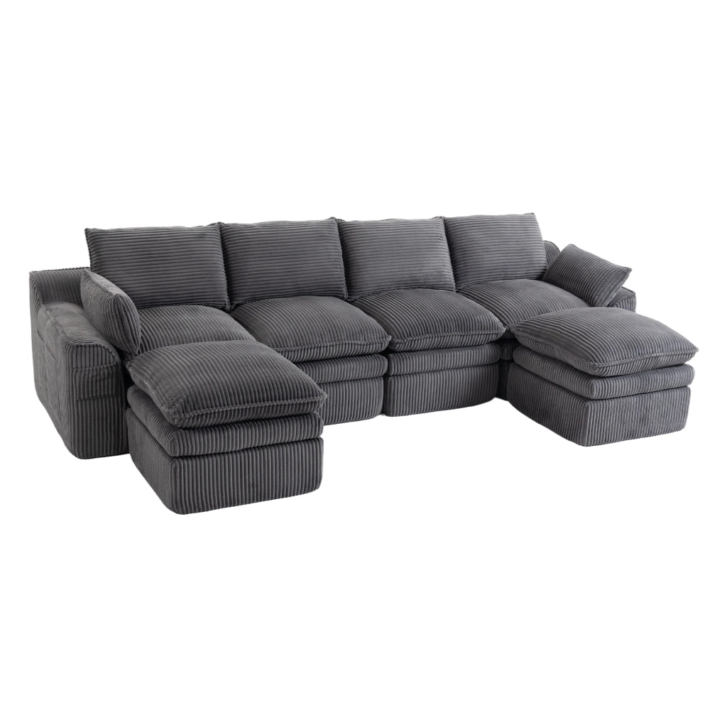 Divano Modulare 4 Posti con 2 Pouf ¨C MINIMAL ¨C Tessuto a Coste, Cuscini, Tasche Laterali, Grigio Scuro