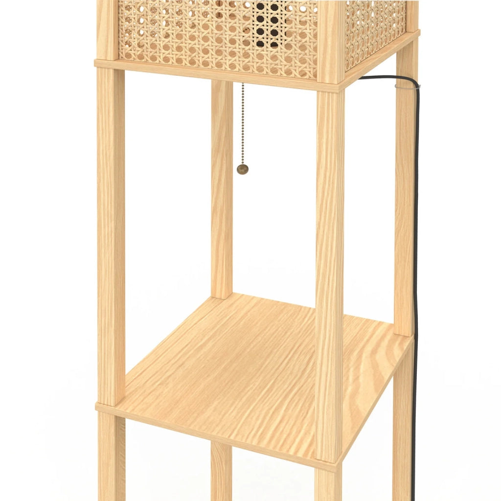 IDMarket - Lampada da terra naturale in legno chiaro con ripiani e paralume quadrato effetto canna da zucchero