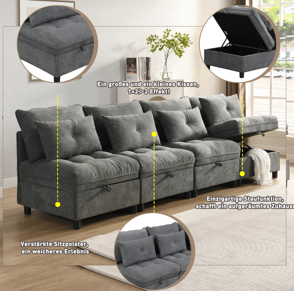 Divano modulare 4 posti con contenitore e funzione letto in ciniglia grigio antico