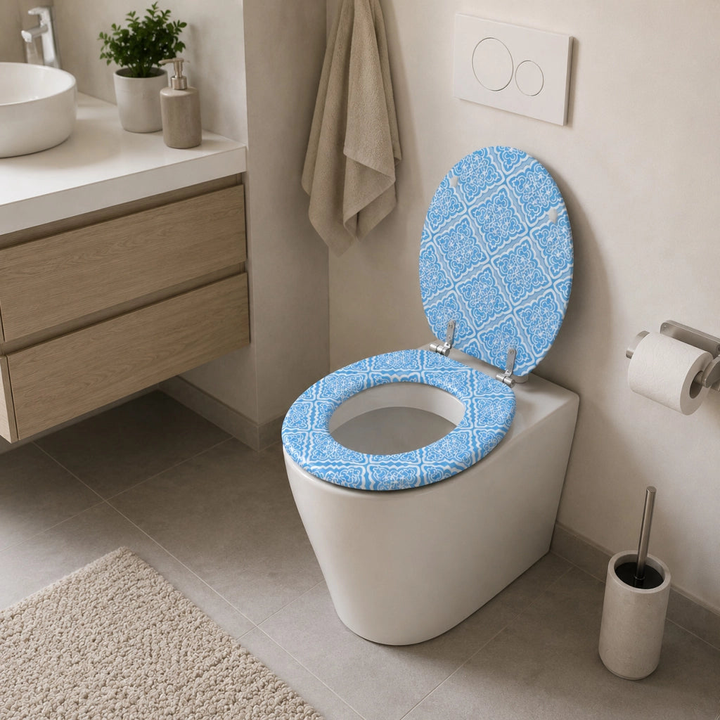 Sedile Copriwater Universale MDF Stampa Maiolica Blu Bianca 43x38 cm 87097