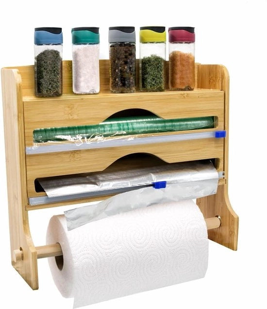 Organizzatore per Cucina e Spezie - Rullo per Cucina - Dispensatore per Folia di Conservazione - Mobili con 4 Funzioni - Design in Legno