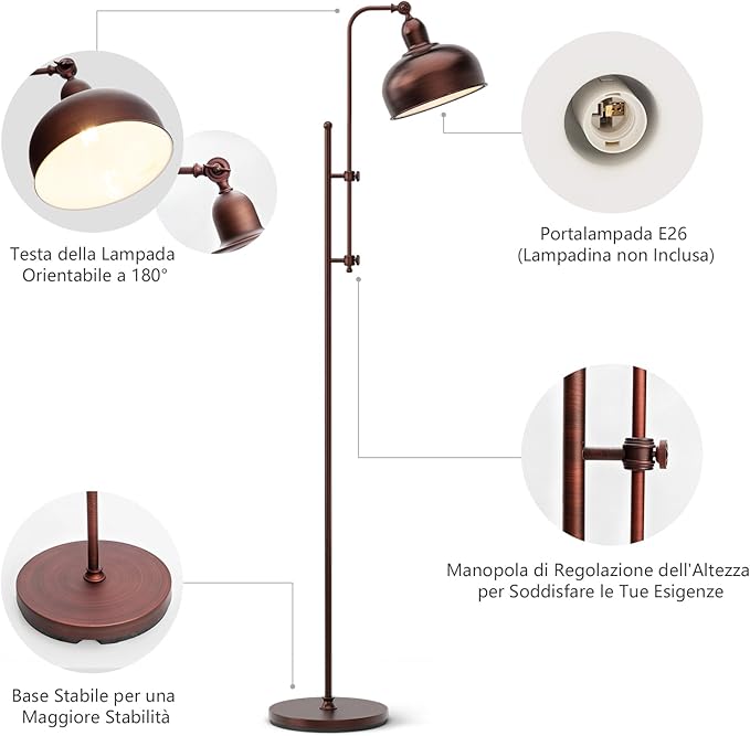Lampada da Terra, Lampada a Stelo con Altezza e Paralume Regolabili, Finitura in Bronzo e Struttura in Metallo, Ideale per Soggiorno, Camera da Letto e Ufficio