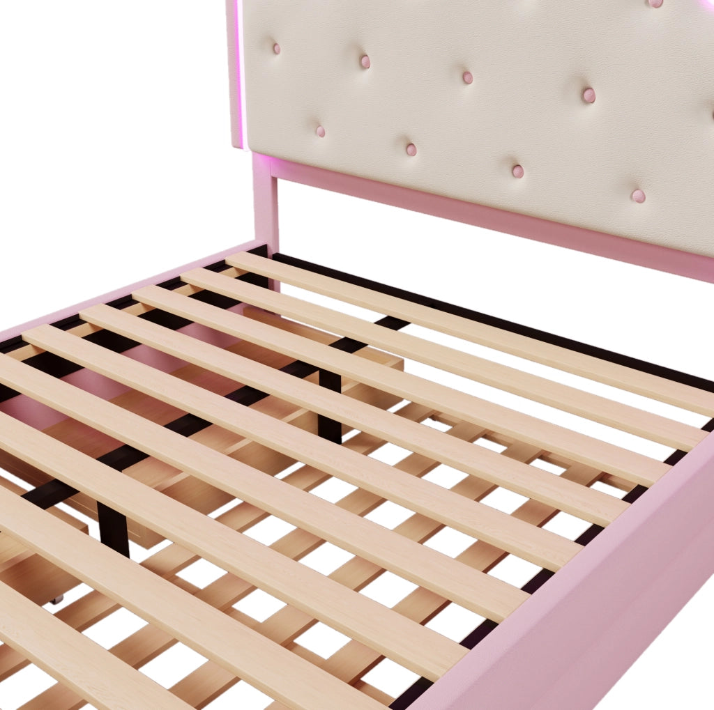 Letto imbottito rosa 140x200 cm con LED, letto estraibile e 2 cassetti