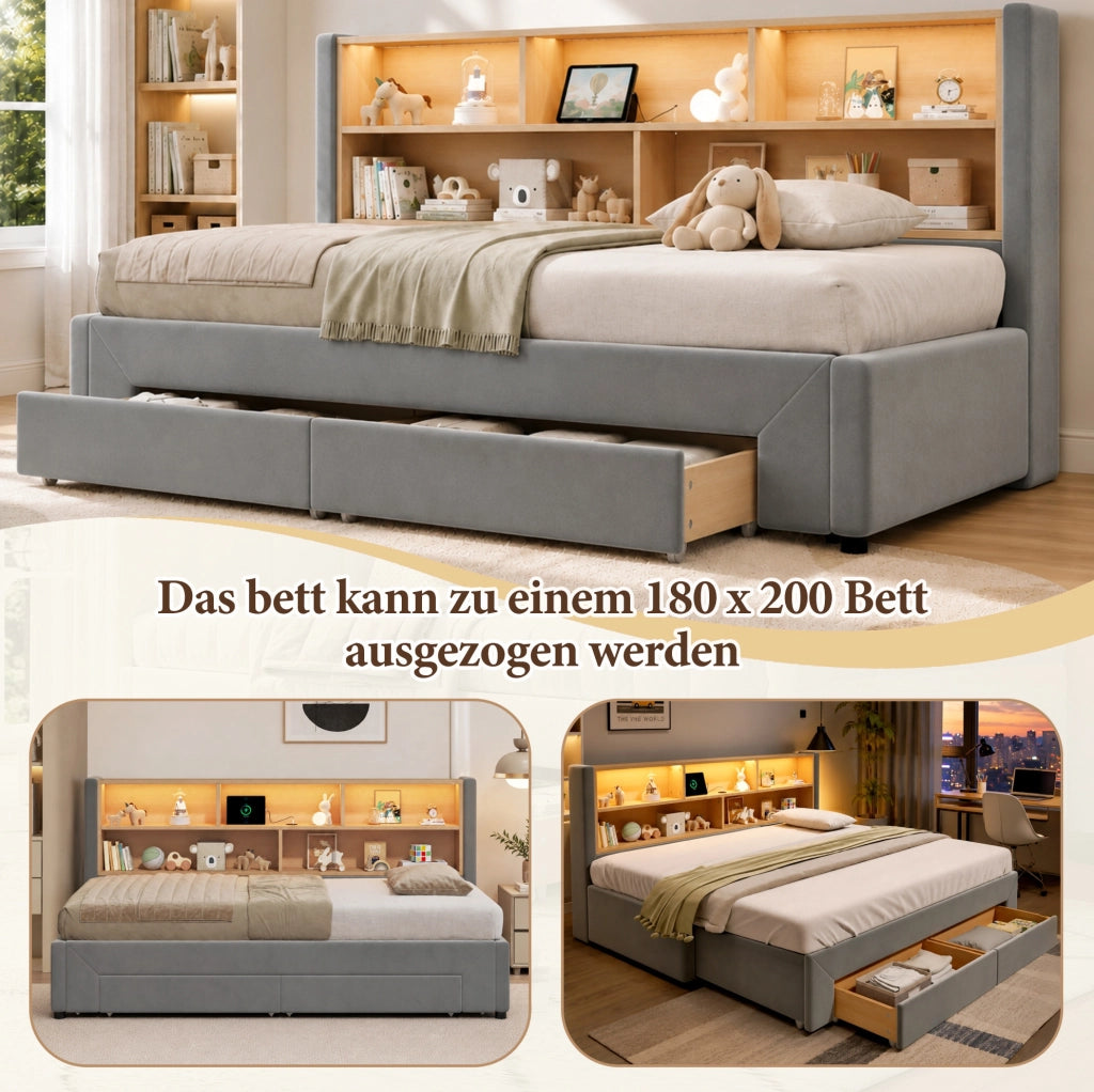 Letto da giorno estraibile 90x200 cm in velluto grigio con LED; USB e Type-C