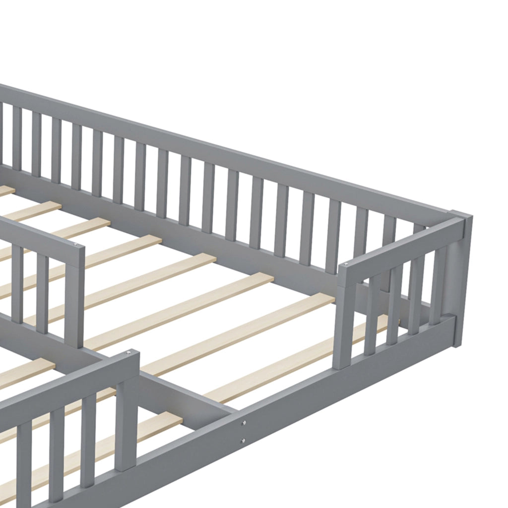 Letto per bambini 90×200 cm; letto basso con sponda; senza materasso; in pino e MDF; per 2 bambini; grigio